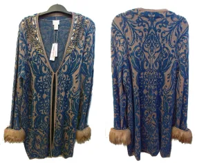 *  NEW WITH TAGS - CHICO'S SPARKLING JEWELED FLOCKED PATTERN SWEATER CARDIGAN IN BLUE MULTI WITH FAUX FUR CUFFS - WOULD MAKE A WONDERFUL CHRISTMAS OR BIRTHDAY GIFT