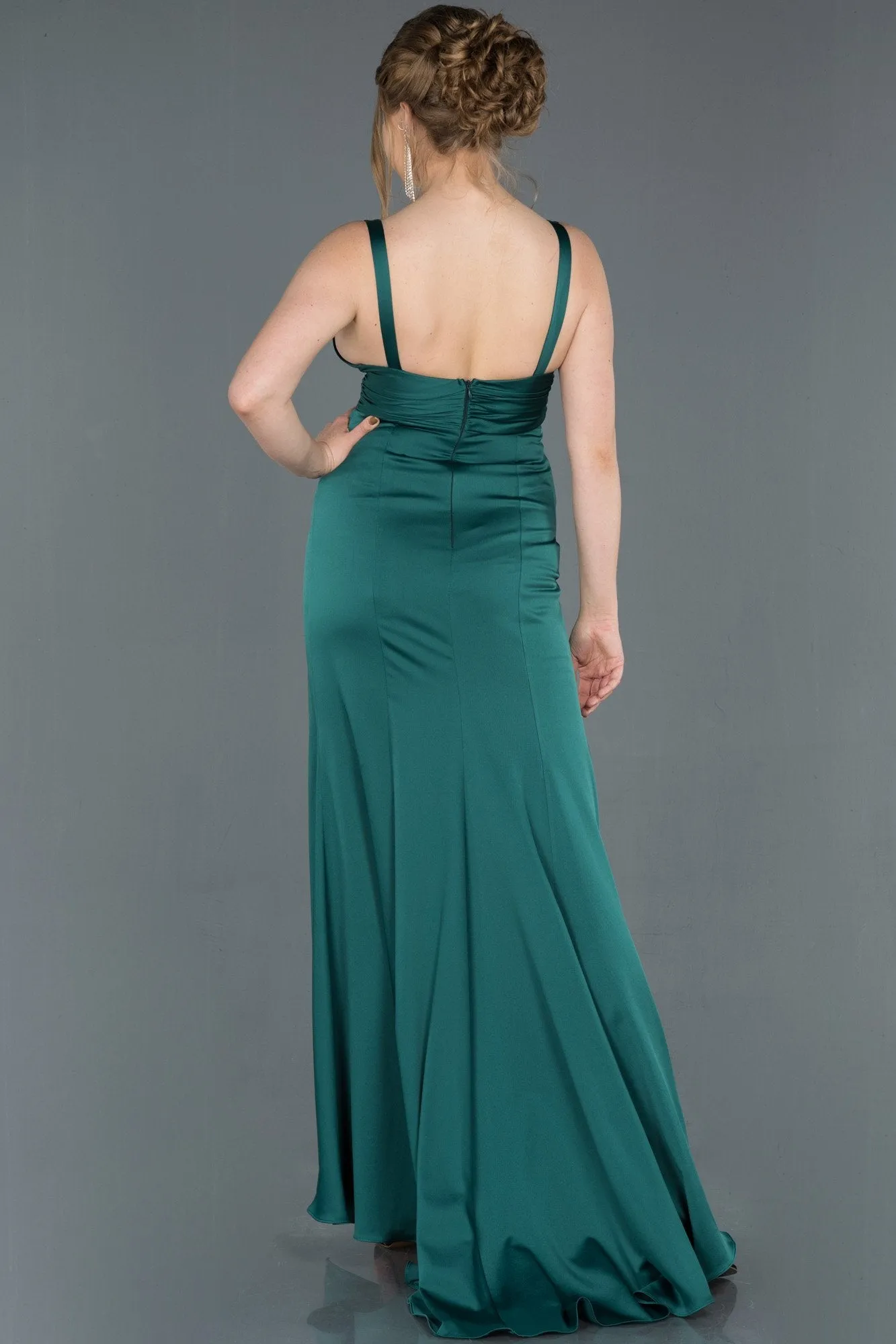 16816 Emerald Green Draped Wrap Skirt Satin Slit Dress