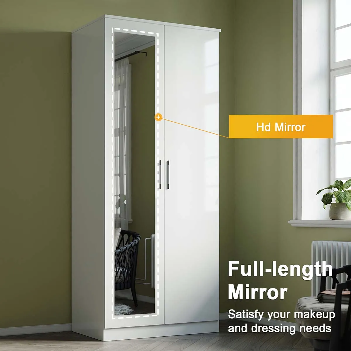 2 Door Wardrobe With Mirror High Gloss Large Storage Cupboard Furniture