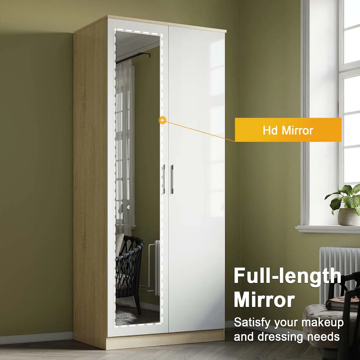 2 Door Wardrobe With Mirror High Gloss Large Storage Cupboard Furniture