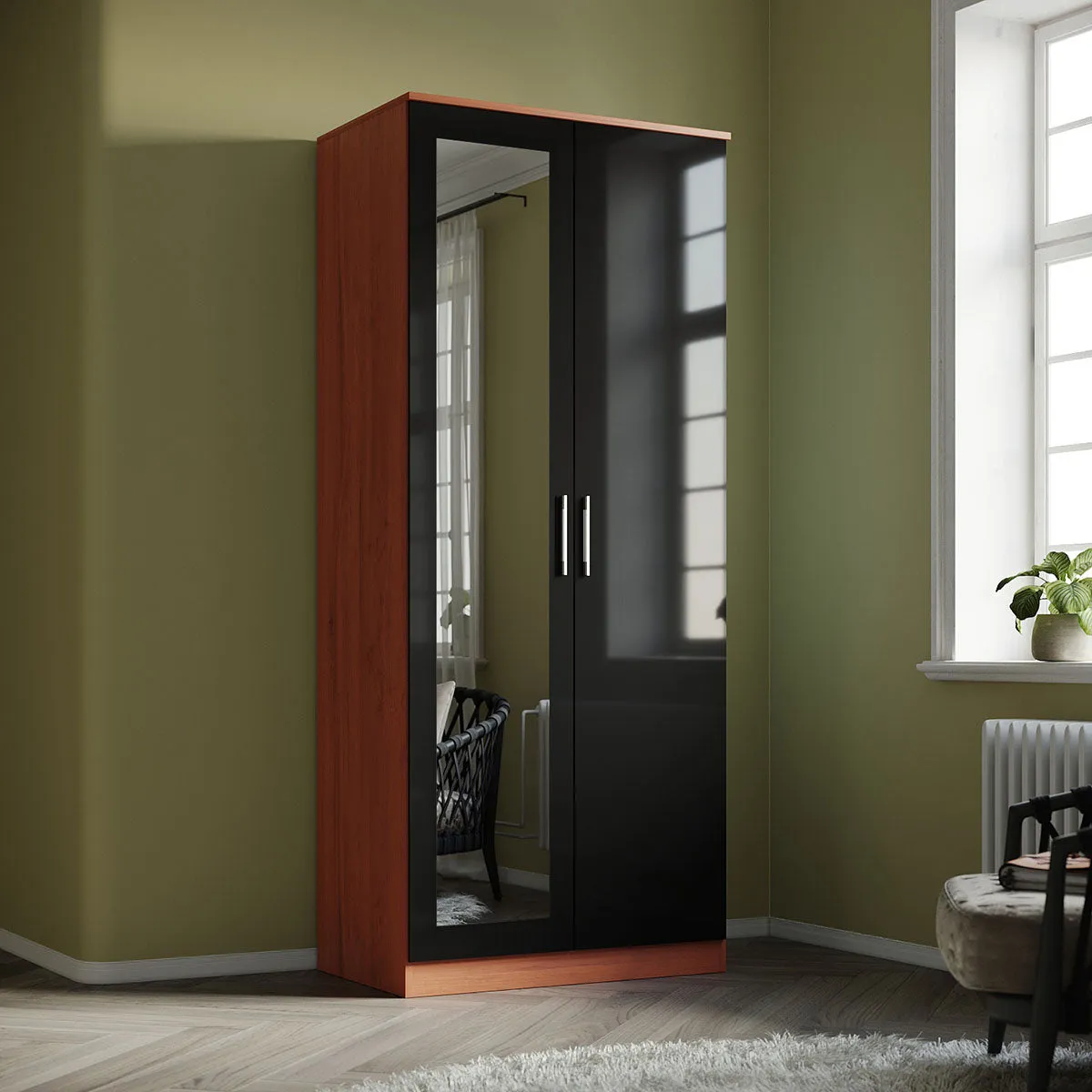 2 Door Wardrobe With Mirror High Gloss Large Storage Cupboard Furniture