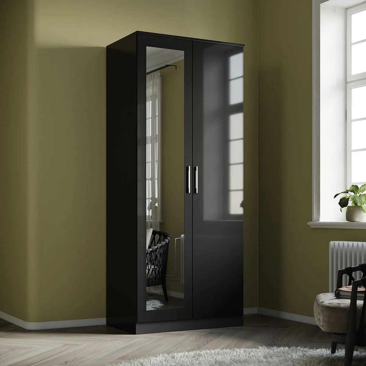 2 Door Wardrobe With Mirror High Gloss Large Storage Cupboard Furniture