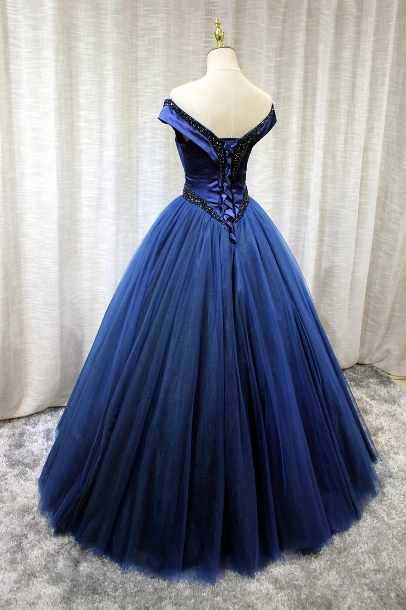 A-Line Tulle Beading Long Prom Dresses, Off the Shoulder Evening Dresses