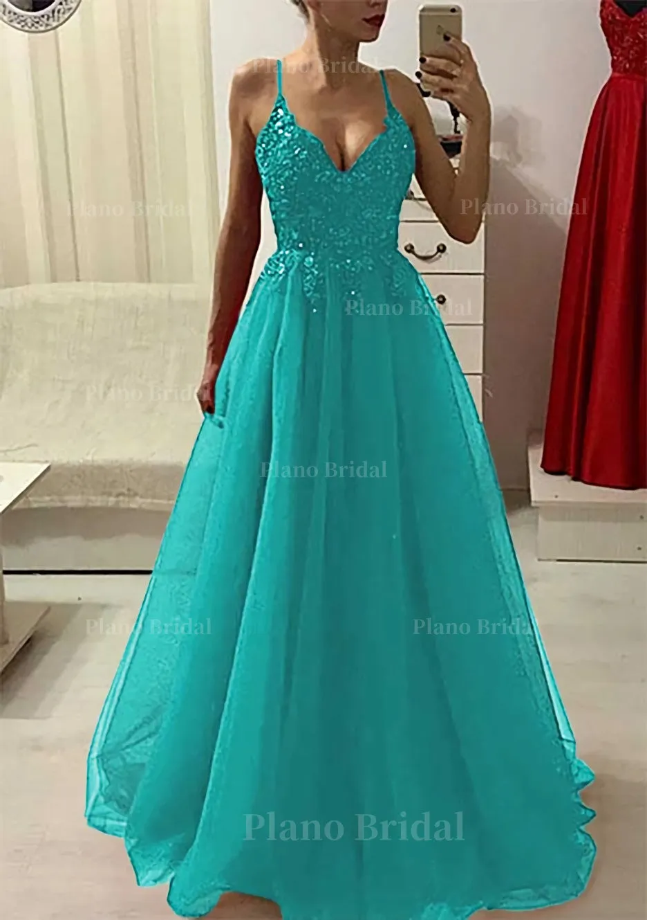 A-line/Princess V Neck Sleeveless Long/Floor-Length Prom Dress With Appliqued Beading