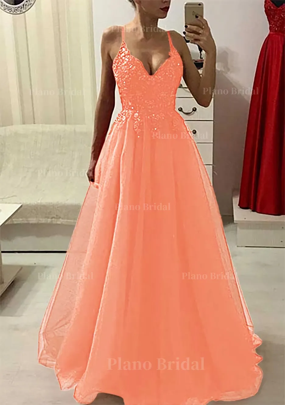 A-line/Princess V Neck Sleeveless Long/Floor-Length Prom Dress With Appliqued Beading