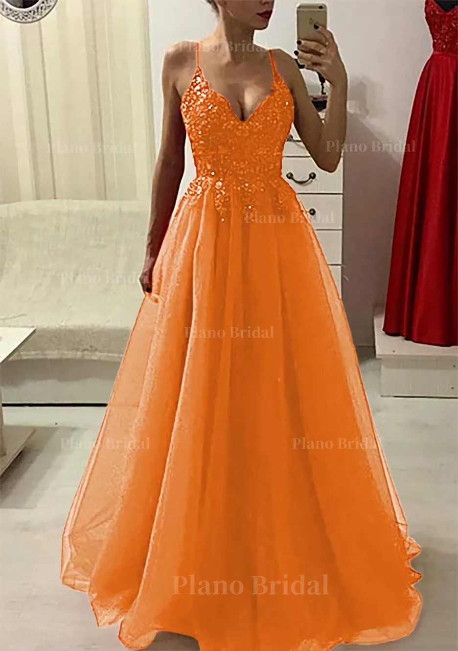 A-line/Princess V Neck Sleeveless Long/Floor-Length Prom Dress With Appliqued Beading