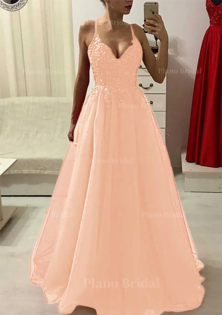 A-line/Princess V Neck Sleeveless Long/Floor-Length Prom Dress With Appliqued Beading