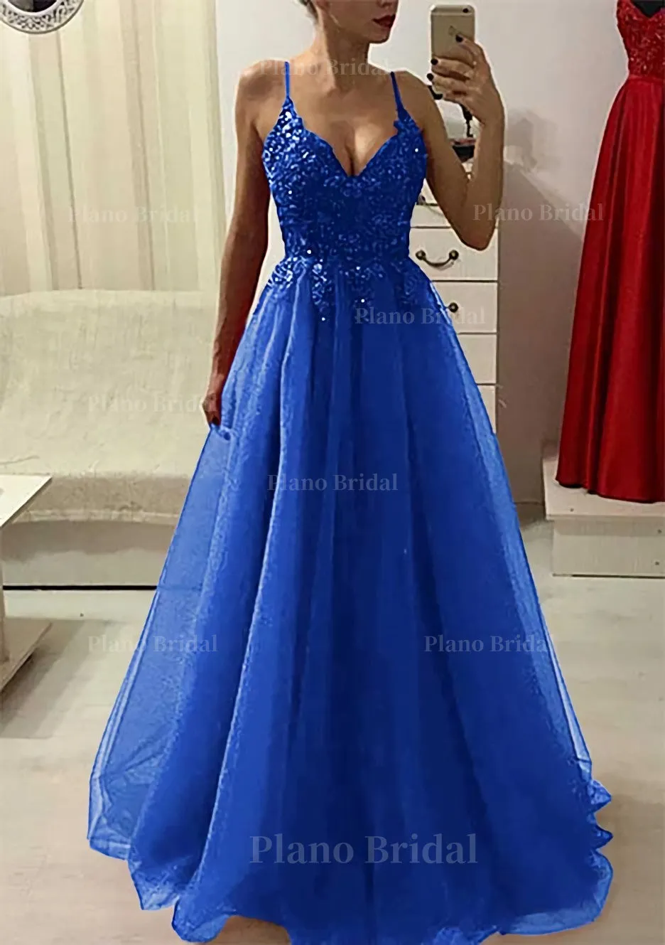 A-line/Princess V Neck Sleeveless Long/Floor-Length Prom Dress With Appliqued Beading