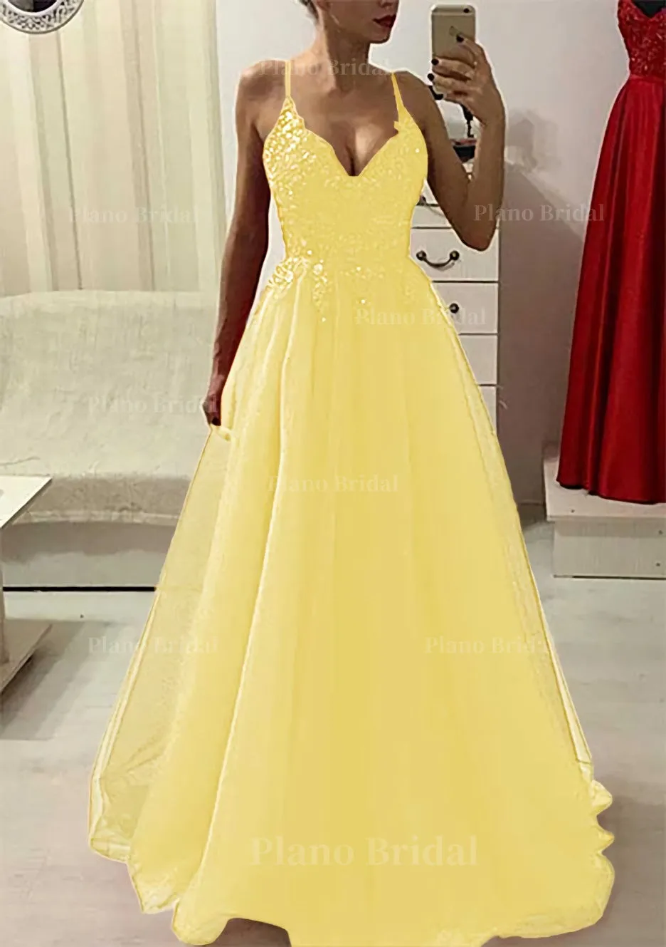 A-line/Princess V Neck Sleeveless Long/Floor-Length Prom Dress With Appliqued Beading