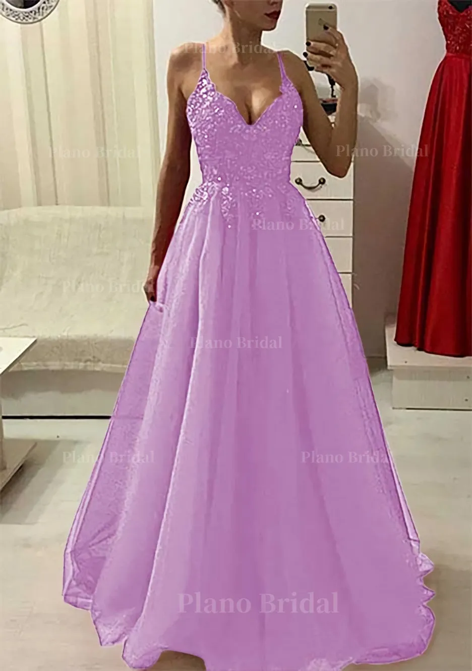 A-line/Princess V Neck Sleeveless Long/Floor-Length Prom Dress With Appliqued Beading