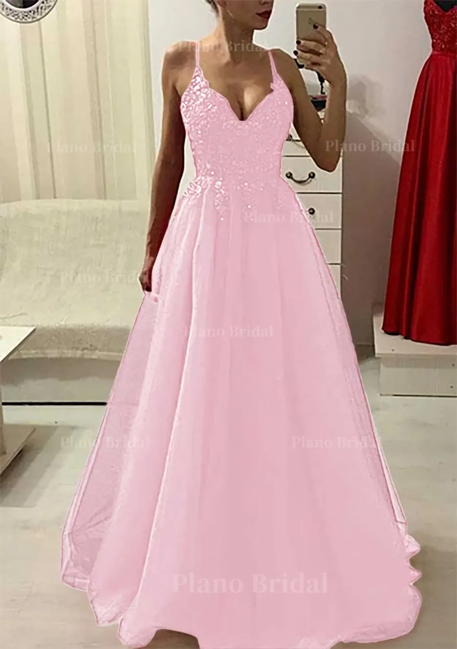 A-line/Princess V Neck Sleeveless Long/Floor-Length Prom Dress With Appliqued Beading