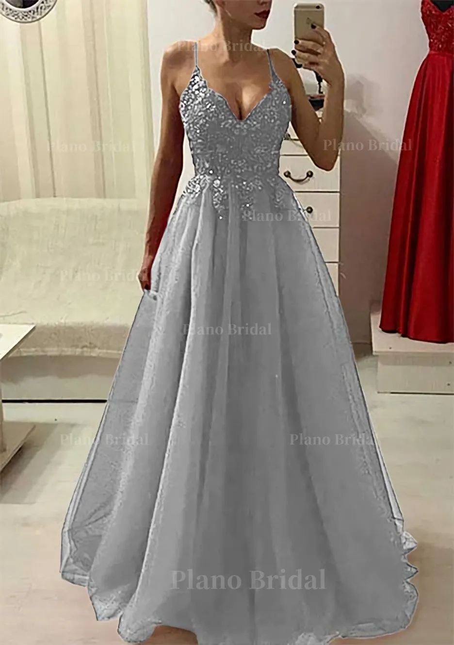 A-line/Princess V Neck Sleeveless Long/Floor-Length Prom Dress With Appliqued Beading