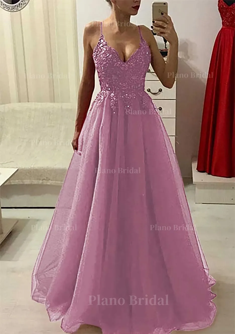 A-line/Princess V Neck Sleeveless Long/Floor-Length Prom Dress With Appliqued Beading