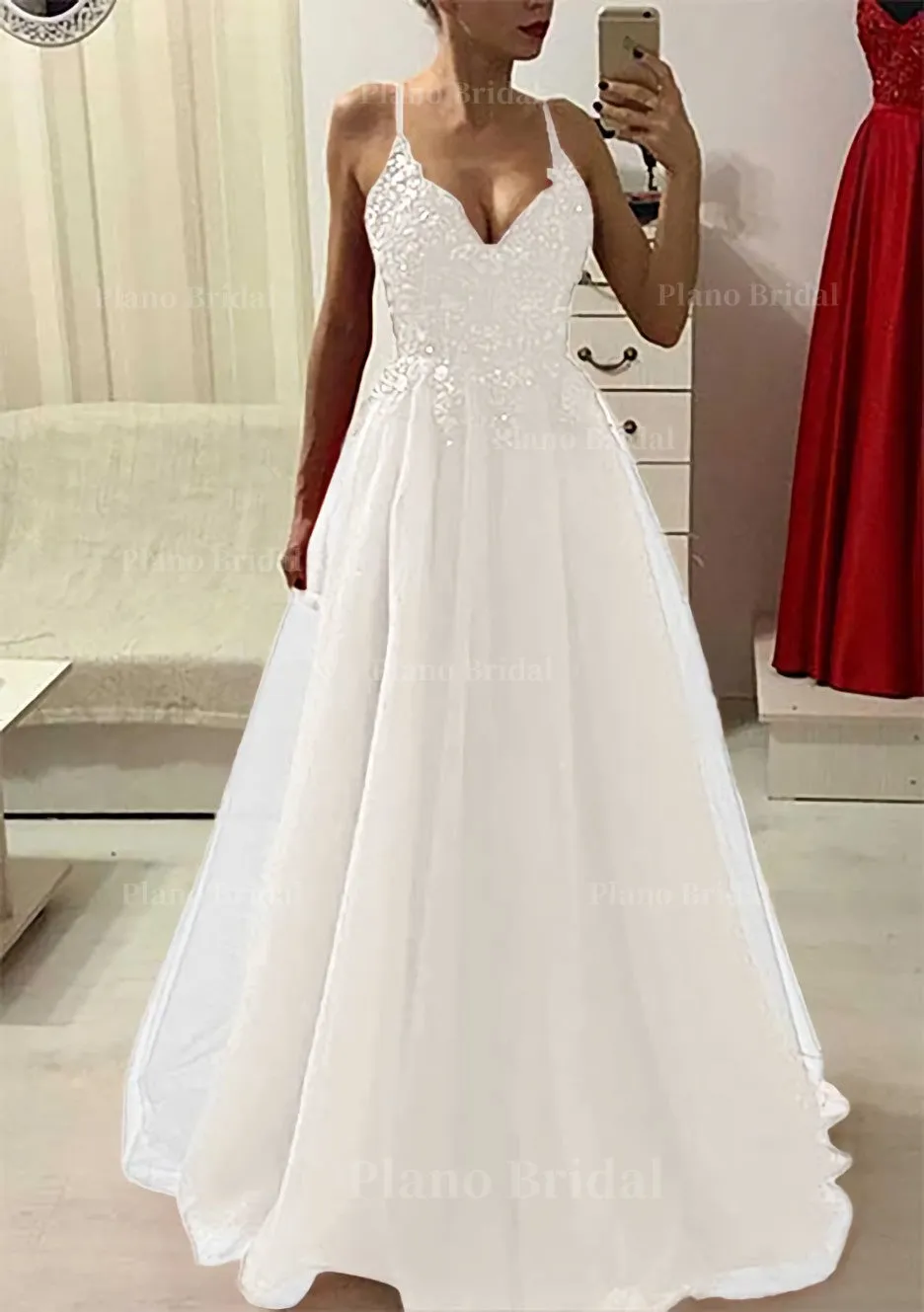 A-line/Princess V Neck Sleeveless Long/Floor-Length Prom Dress With Appliqued Beading