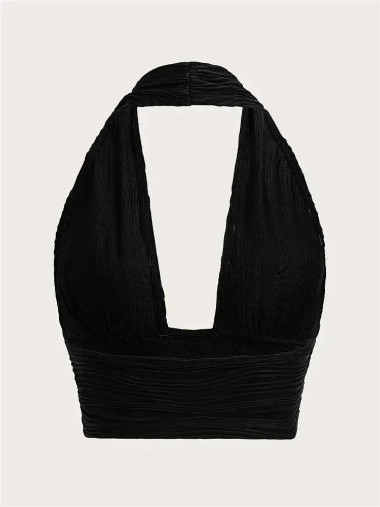 A&A Y2K Backless Black Crop Halter Top