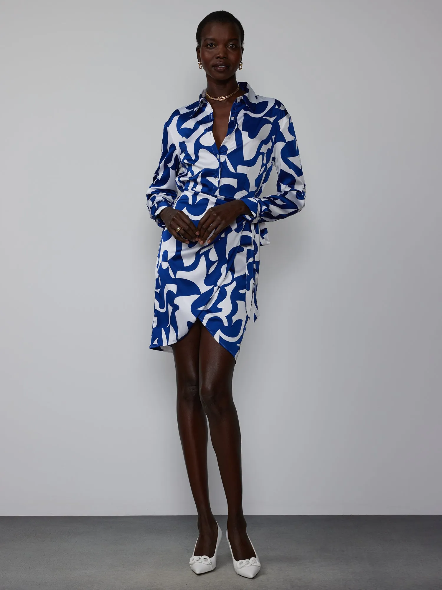 Abstract Faux Wrap Shirt Dress