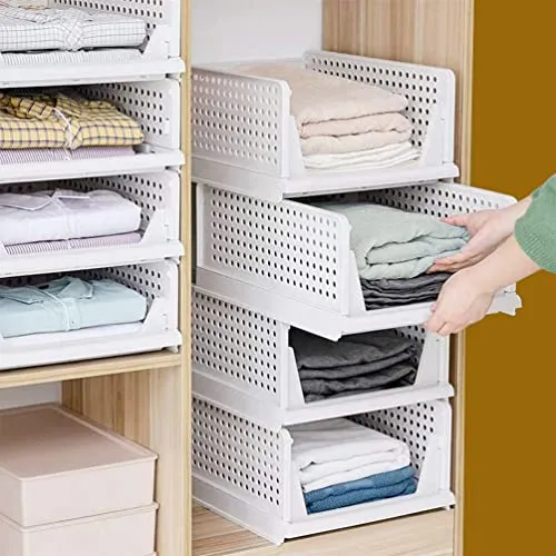 ADITYA POLYMERS Pack of 3 Pcs.(Large) Clothes Shirt Stacker Organizer For Wardrobe Cupboard Foldable Stackable MultiPurpose Adjustable Sliding Tray Basket (L-44.5, W-33.5, H-18.5 Cms)