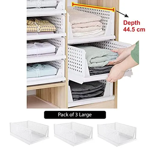 ADITYA POLYMERS Pack of 3 Pcs.(Large) Clothes Shirt Stacker Organizer For Wardrobe Cupboard Foldable Stackable MultiPurpose Adjustable Sliding Tray Basket (L-44.5, W-33.5, H-18.5 Cms)