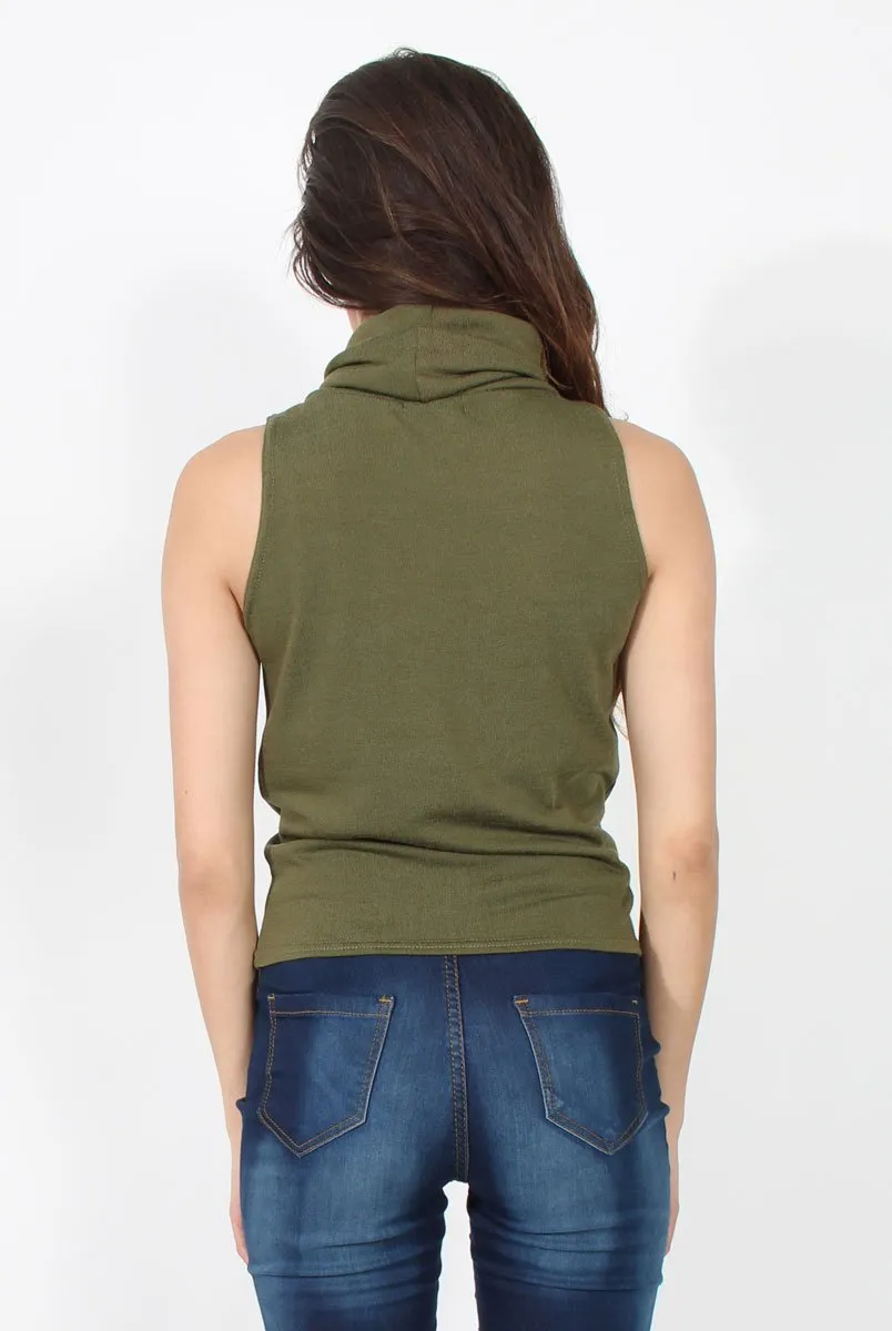 Amber Khaki Sleeveless Turtle Neck Top