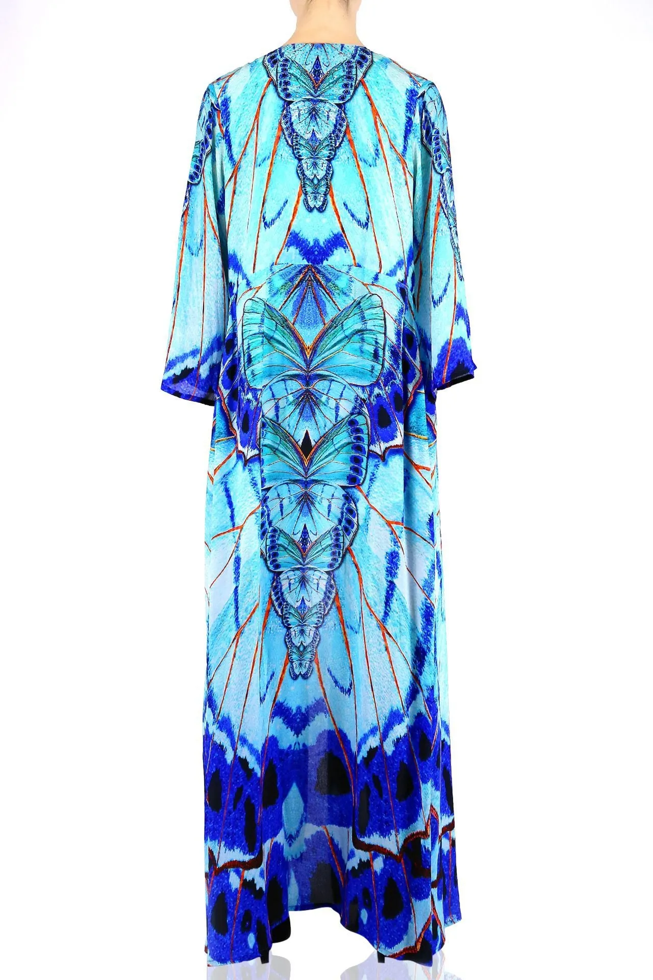 Annabella Butterfly Print Long Silk Wrap Dress