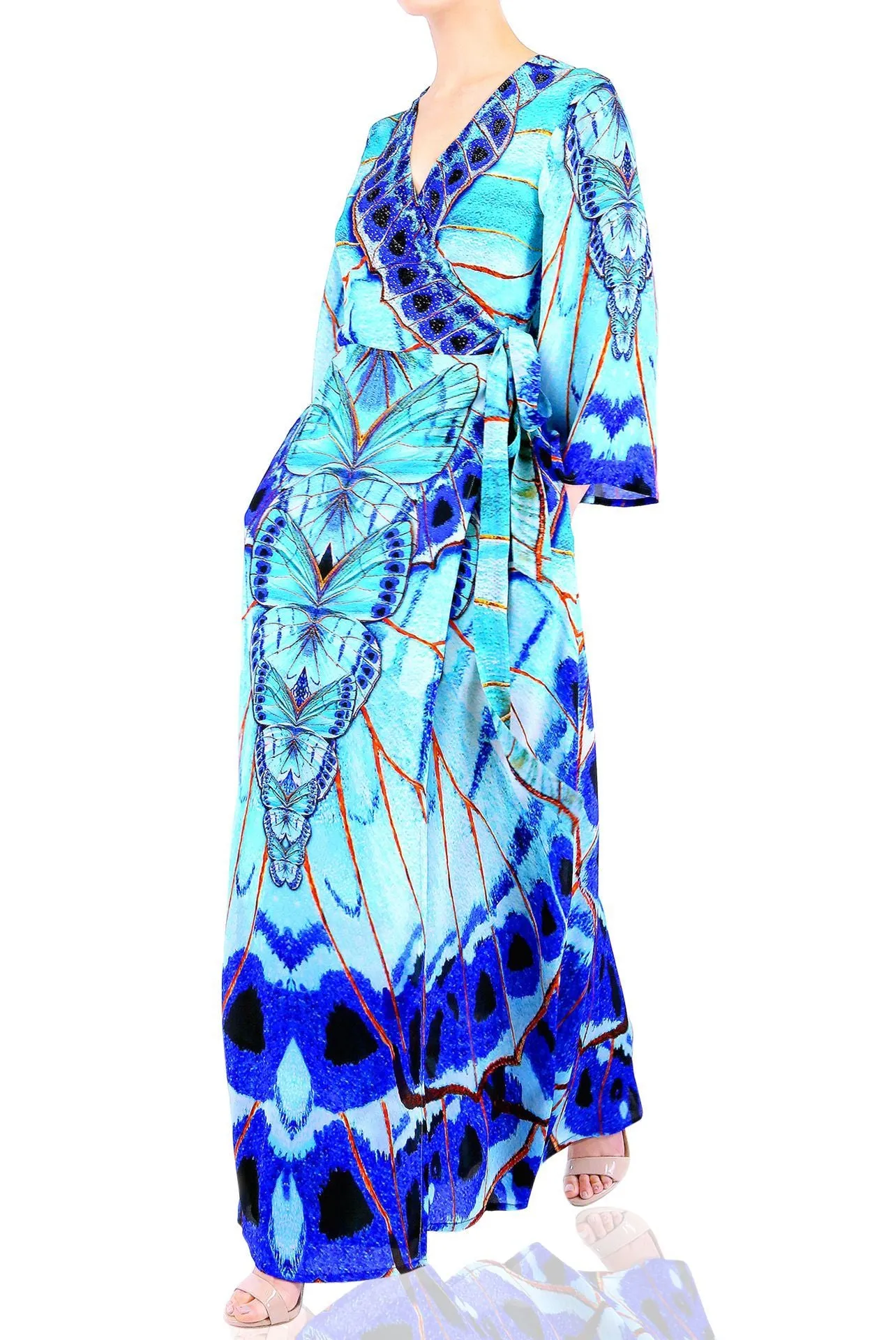 Annabella Butterfly Print Long Silk Wrap Dress