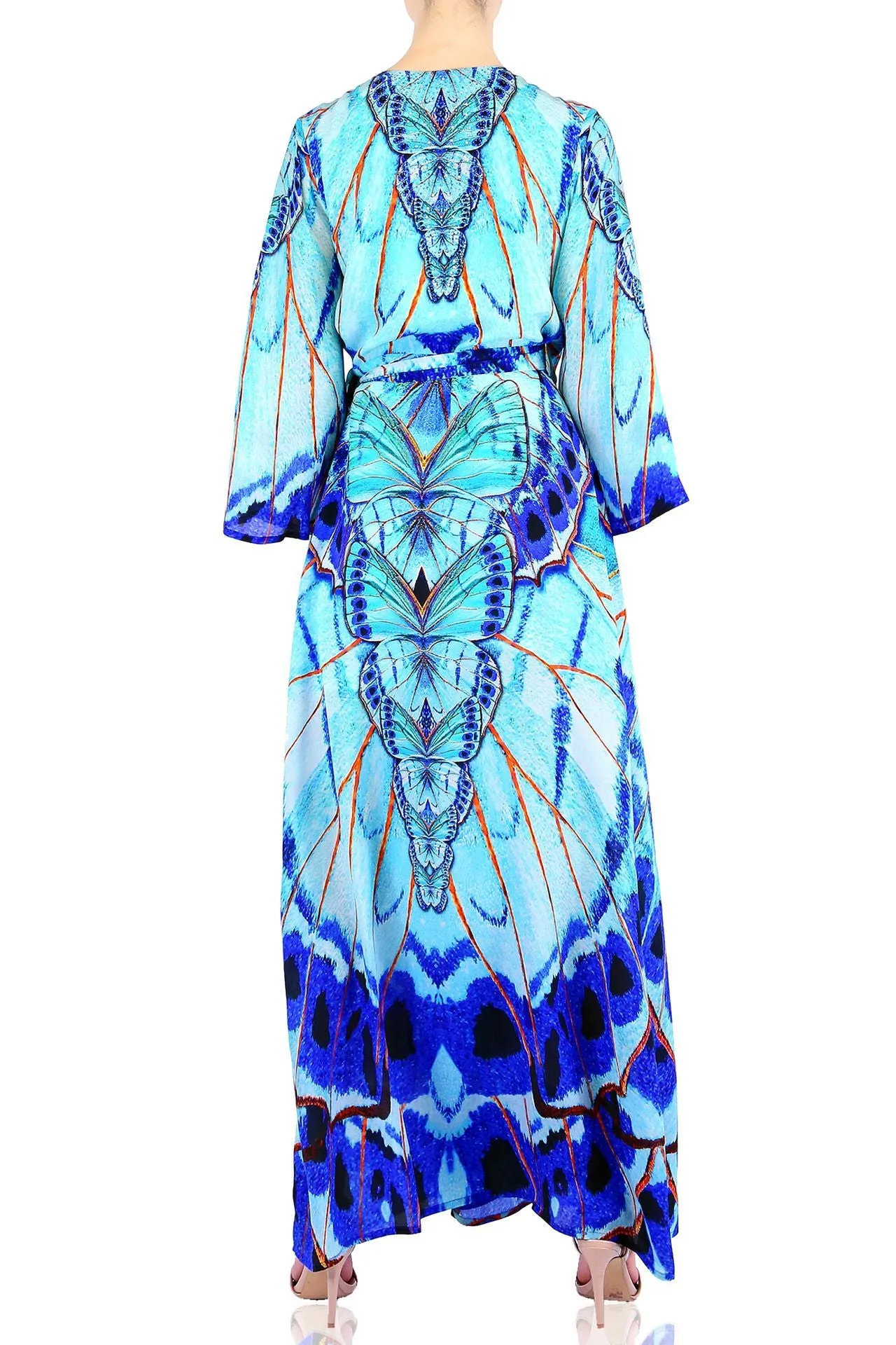 Annabella Butterfly Print Long Silk Wrap Dress