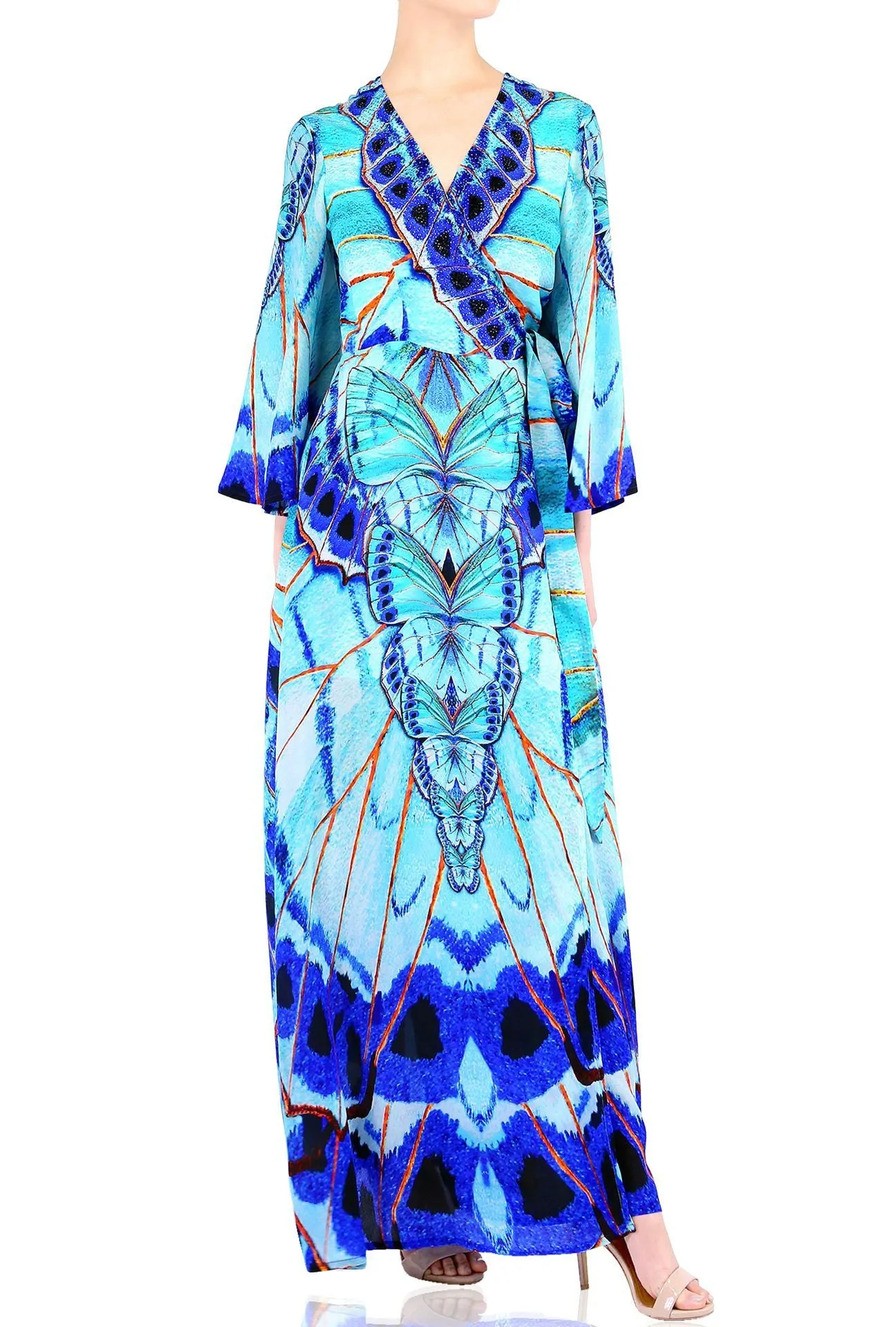 Annabella Butterfly Print Long Silk Wrap Dress