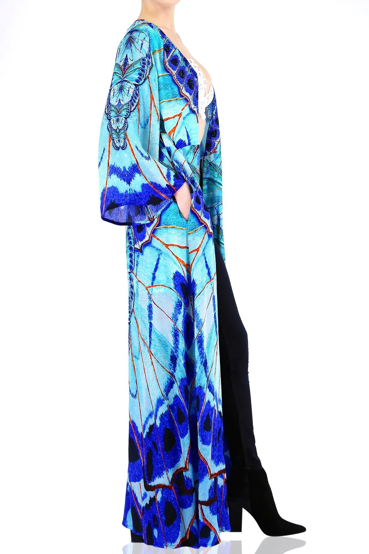 Annabella Butterfly Print Long Silk Wrap Dress