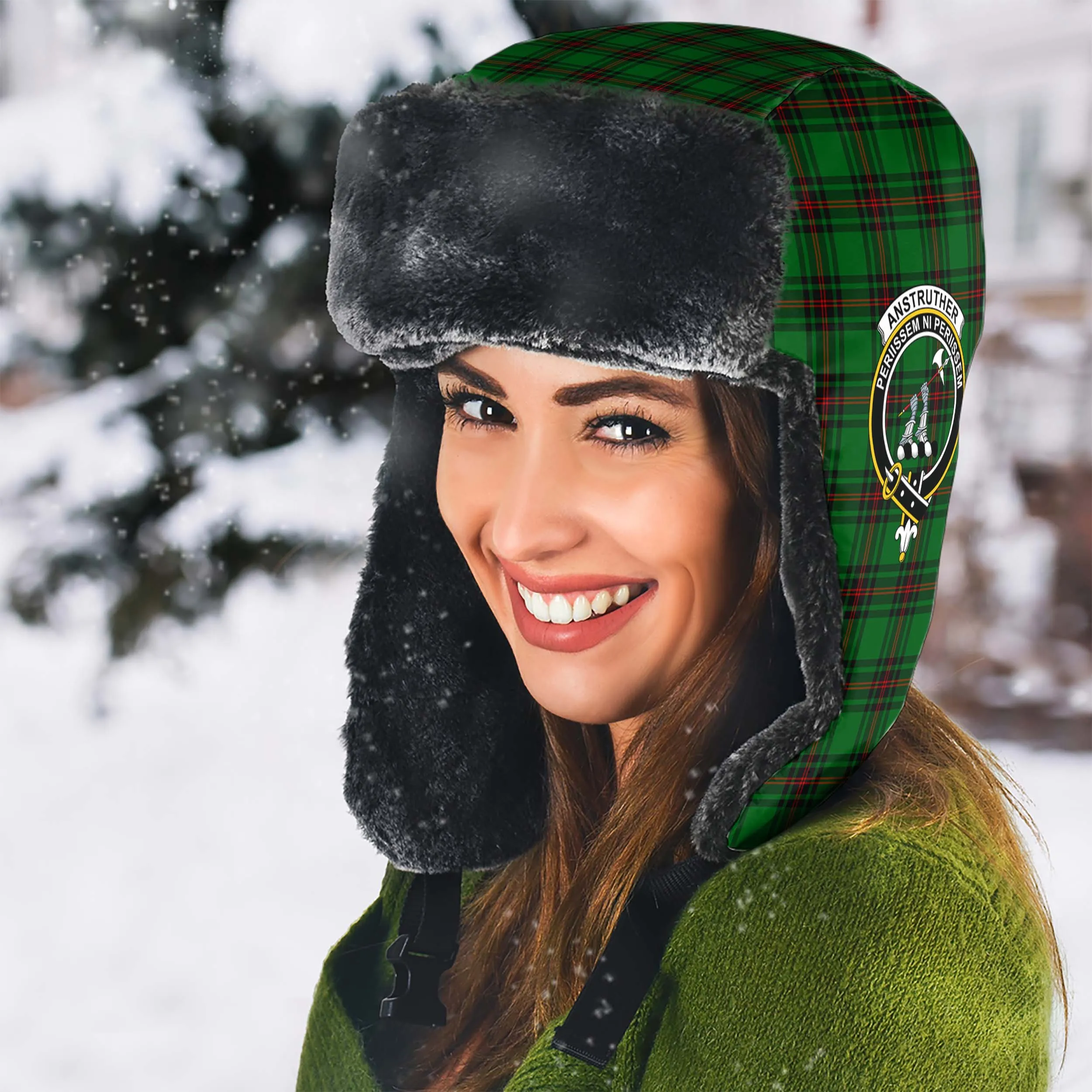 Anstruther Tartan Winter Trapper Hat with Family Crest