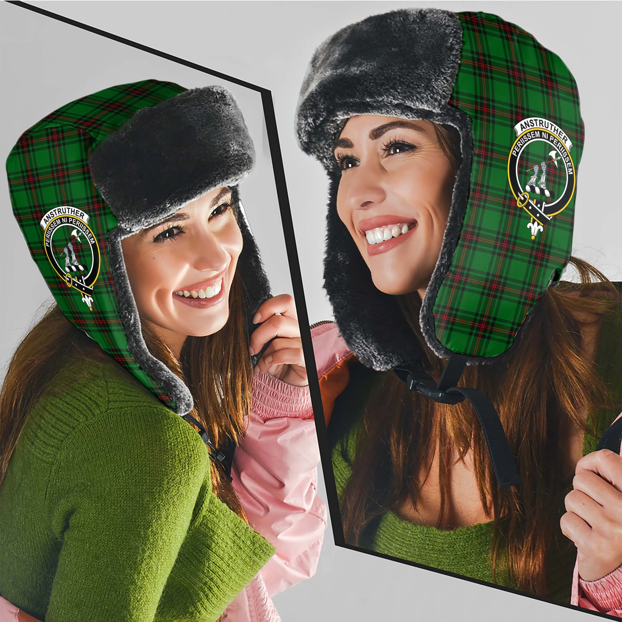 Anstruther Tartan Winter Trapper Hat with Family Crest