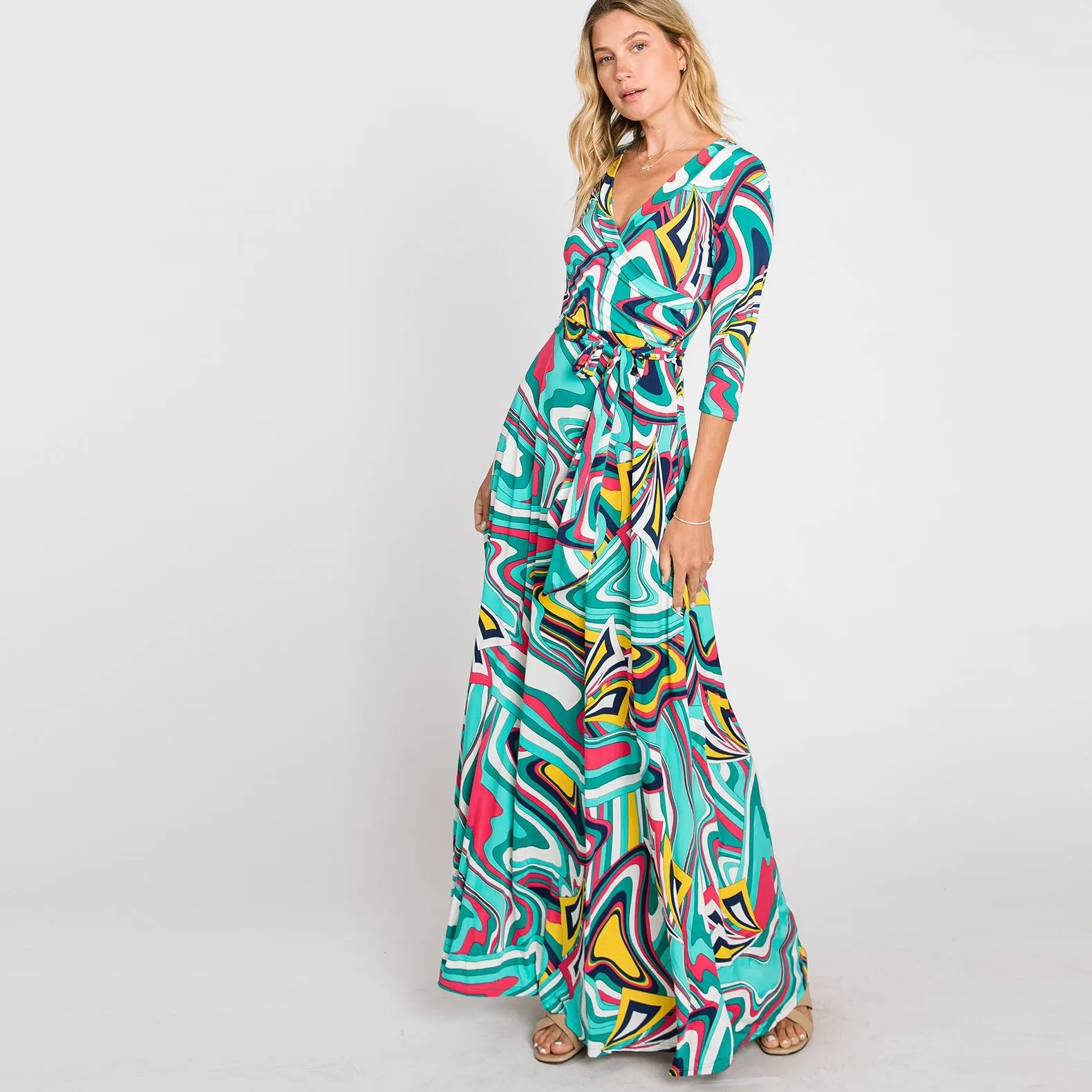 Aqua Water Color Venechia Maxi Wrap Dress