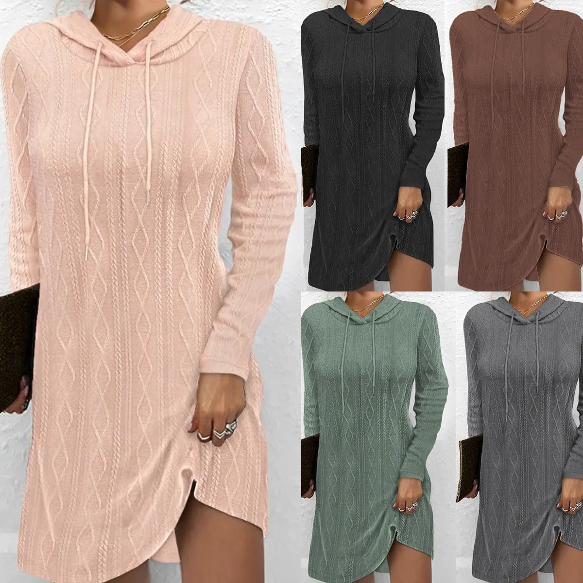 Autumn New Solid Color Long Sleeve Hooded Pullover Knit Dress