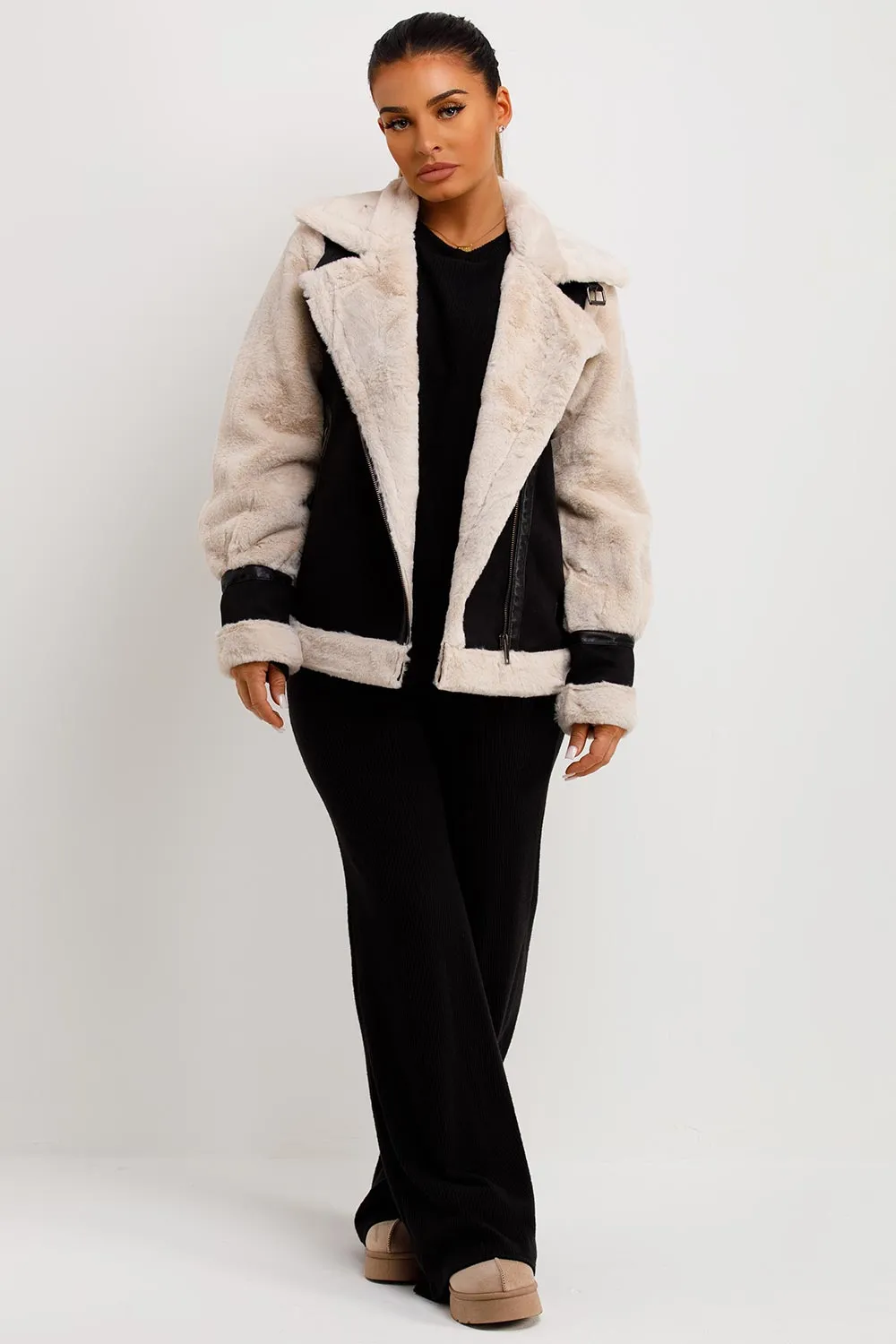 Aviator Jacket In Faux Suede With Fur Sleeves Black