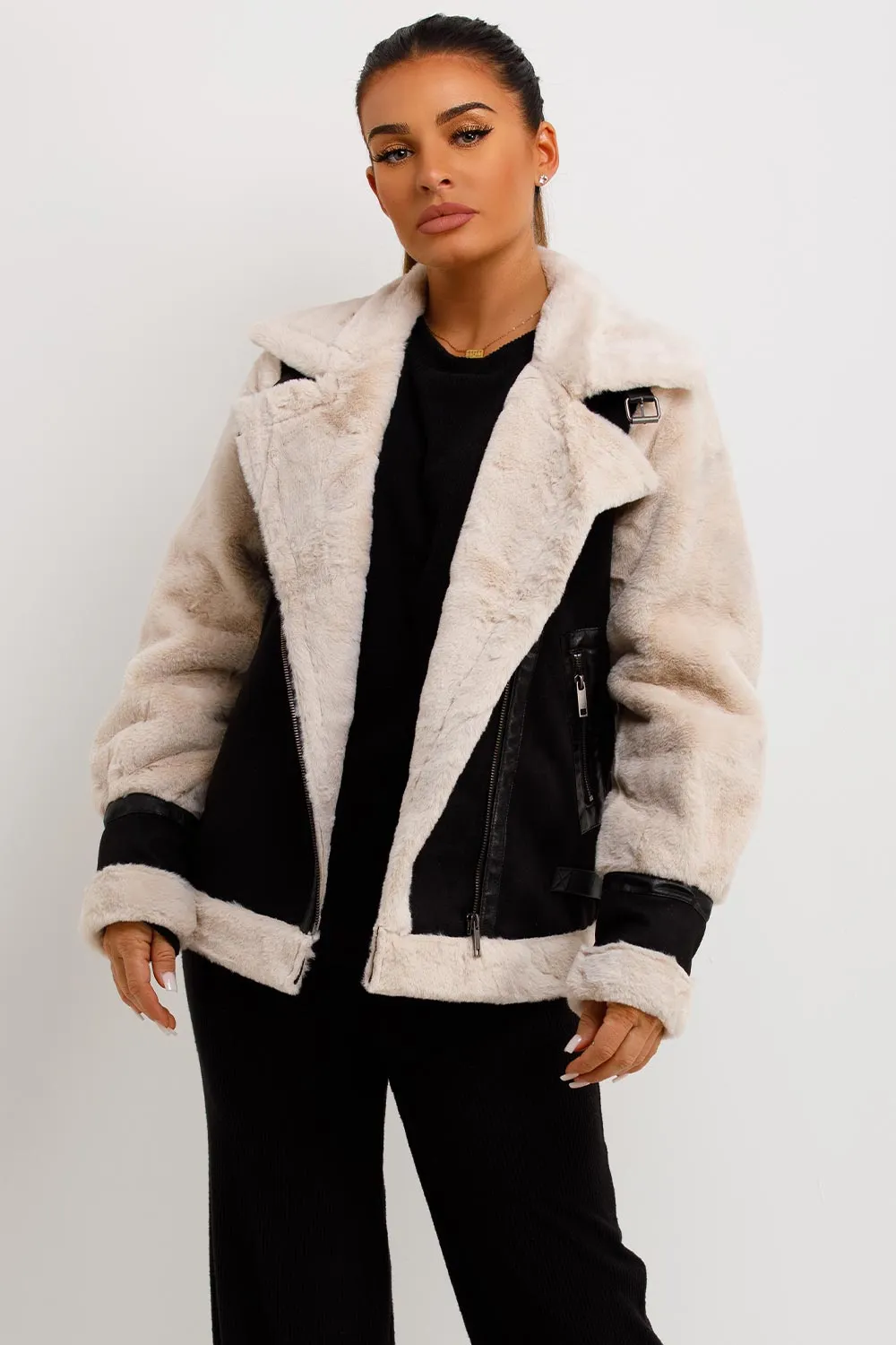 Aviator Jacket In Faux Suede With Fur Sleeves Black