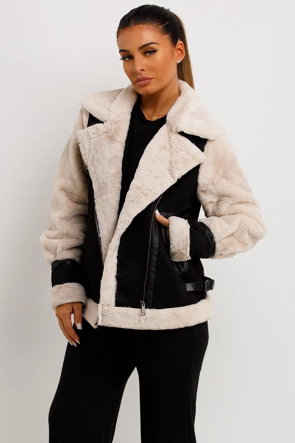 Aviator Jacket In Faux Suede With Fur Sleeves Black