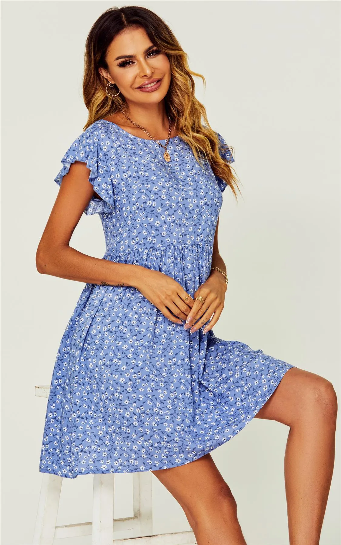 Back Button Through Smock Dress In Blue Flora Print