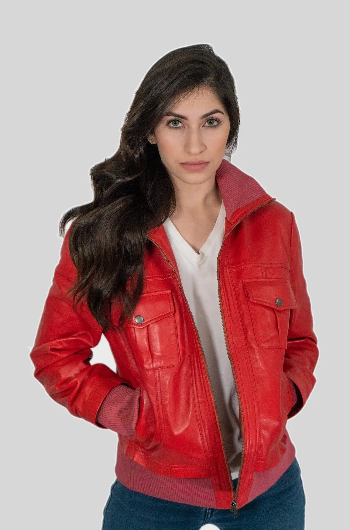 Bailey Womens Leather Bomber Jacket Spring Red