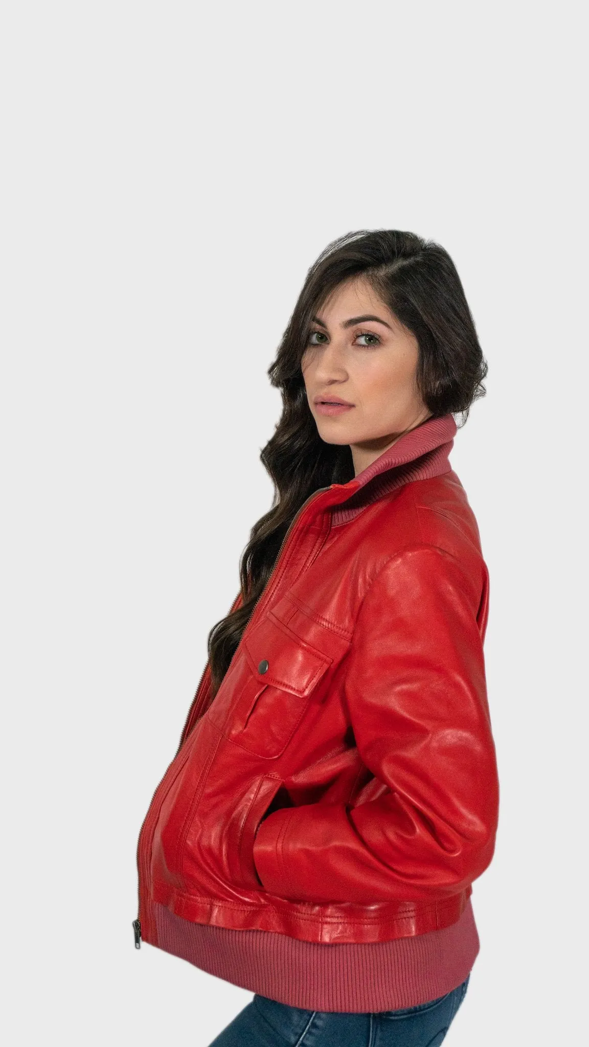 Bailey Womens Leather Bomber Jacket Spring Red