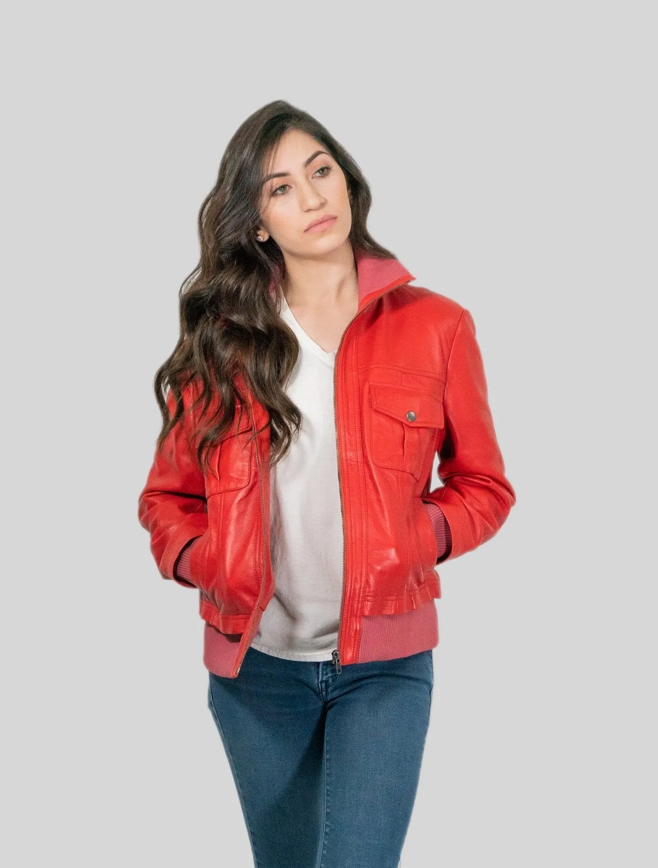 Bailey Womens Leather Bomber Jacket Spring Red