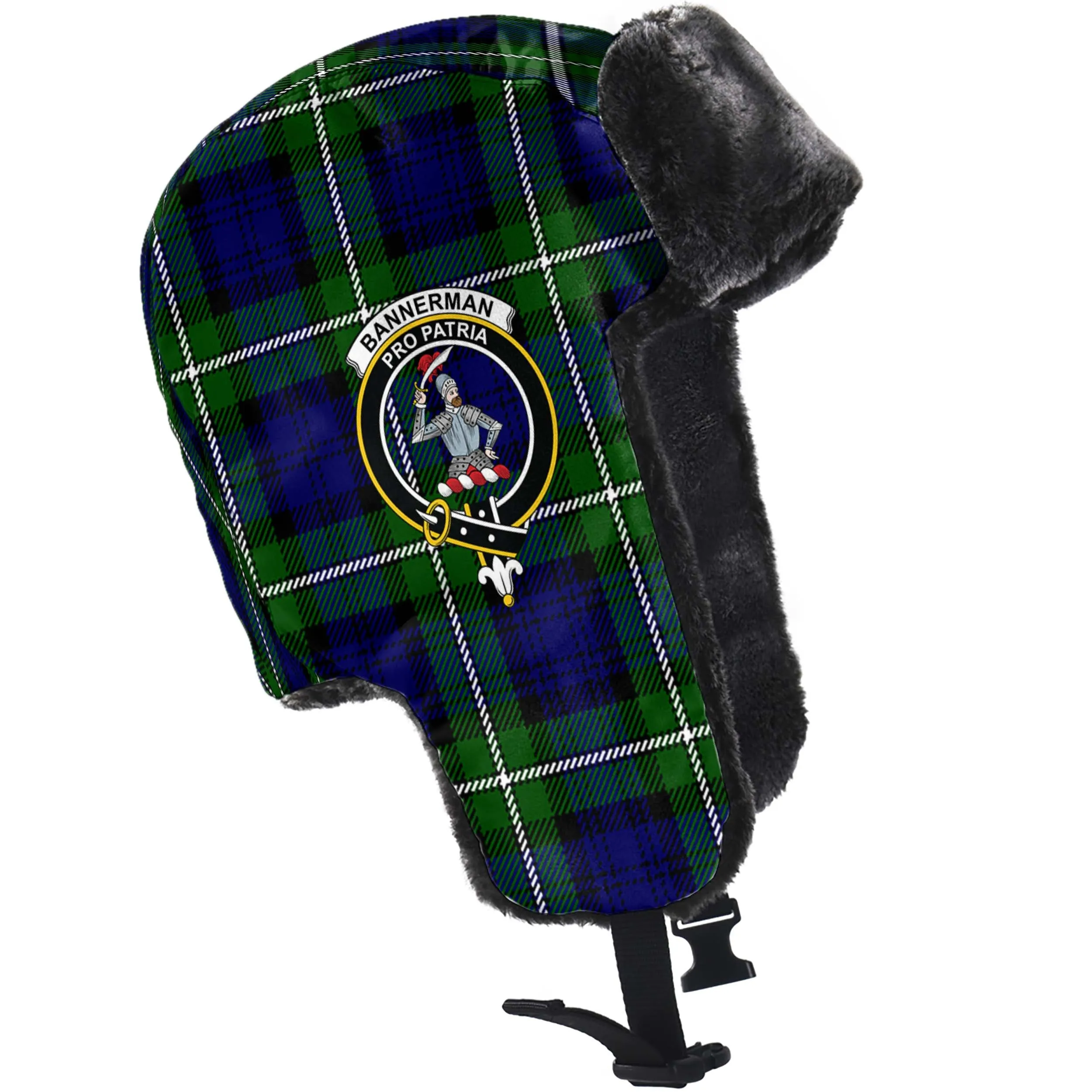 Bannerman Tartan Winter Trapper Hat with Family Crest