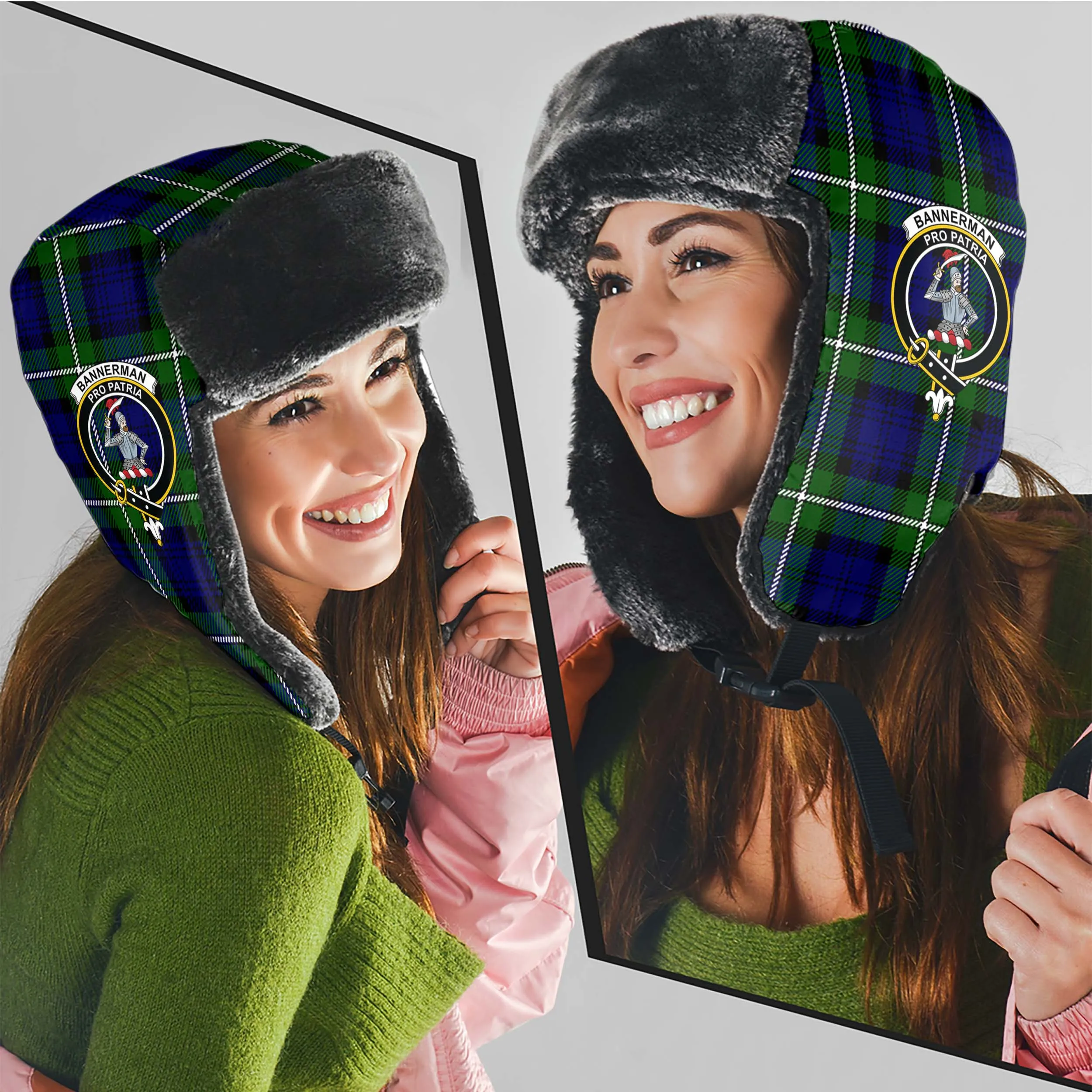 Bannerman Tartan Winter Trapper Hat with Family Crest