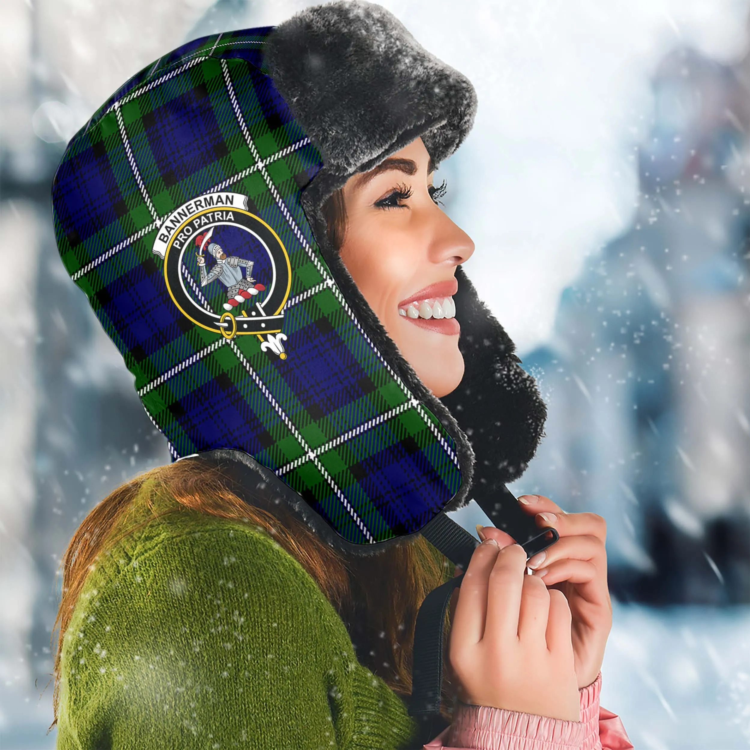 Bannerman Tartan Winter Trapper Hat with Family Crest