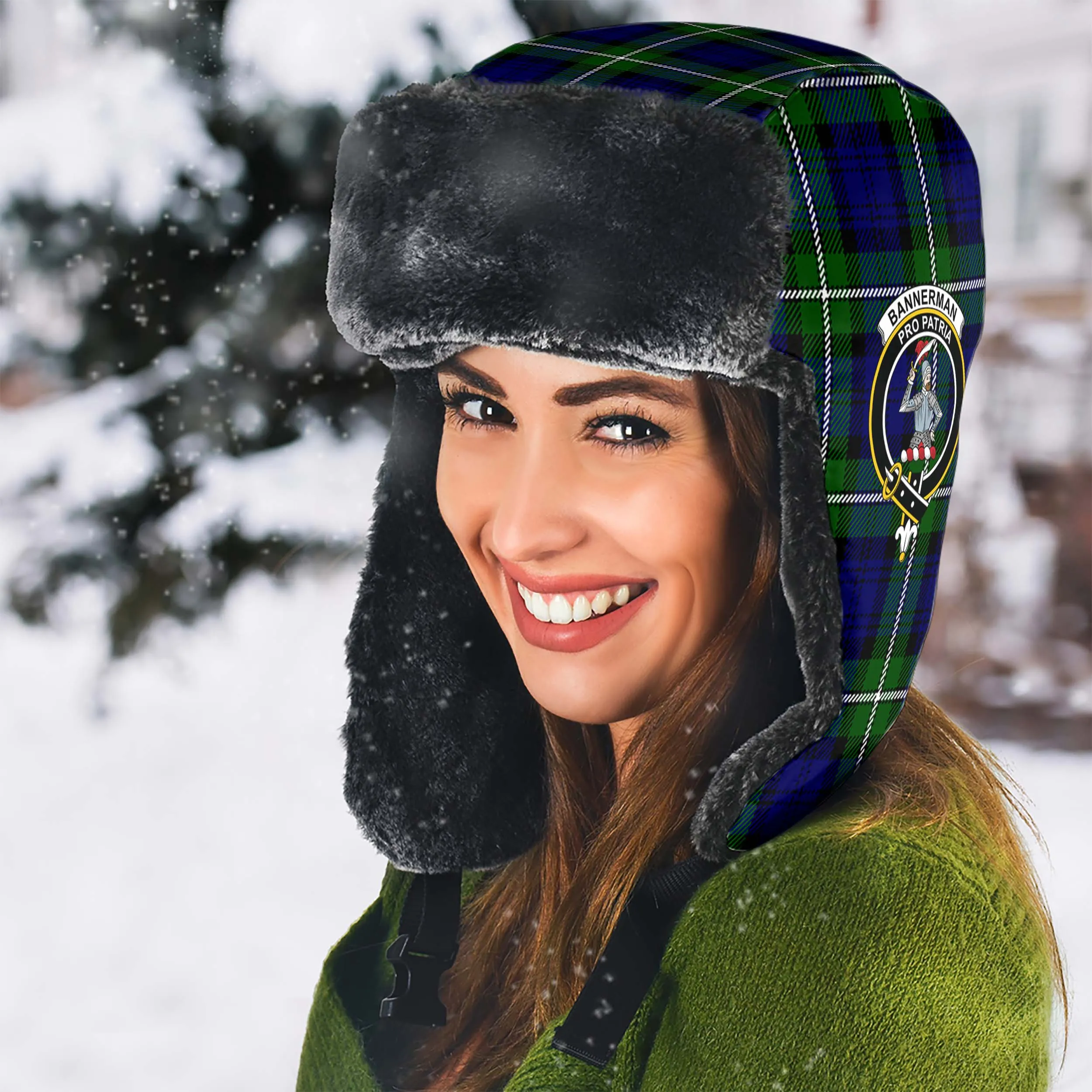 Bannerman Tartan Winter Trapper Hat with Family Crest