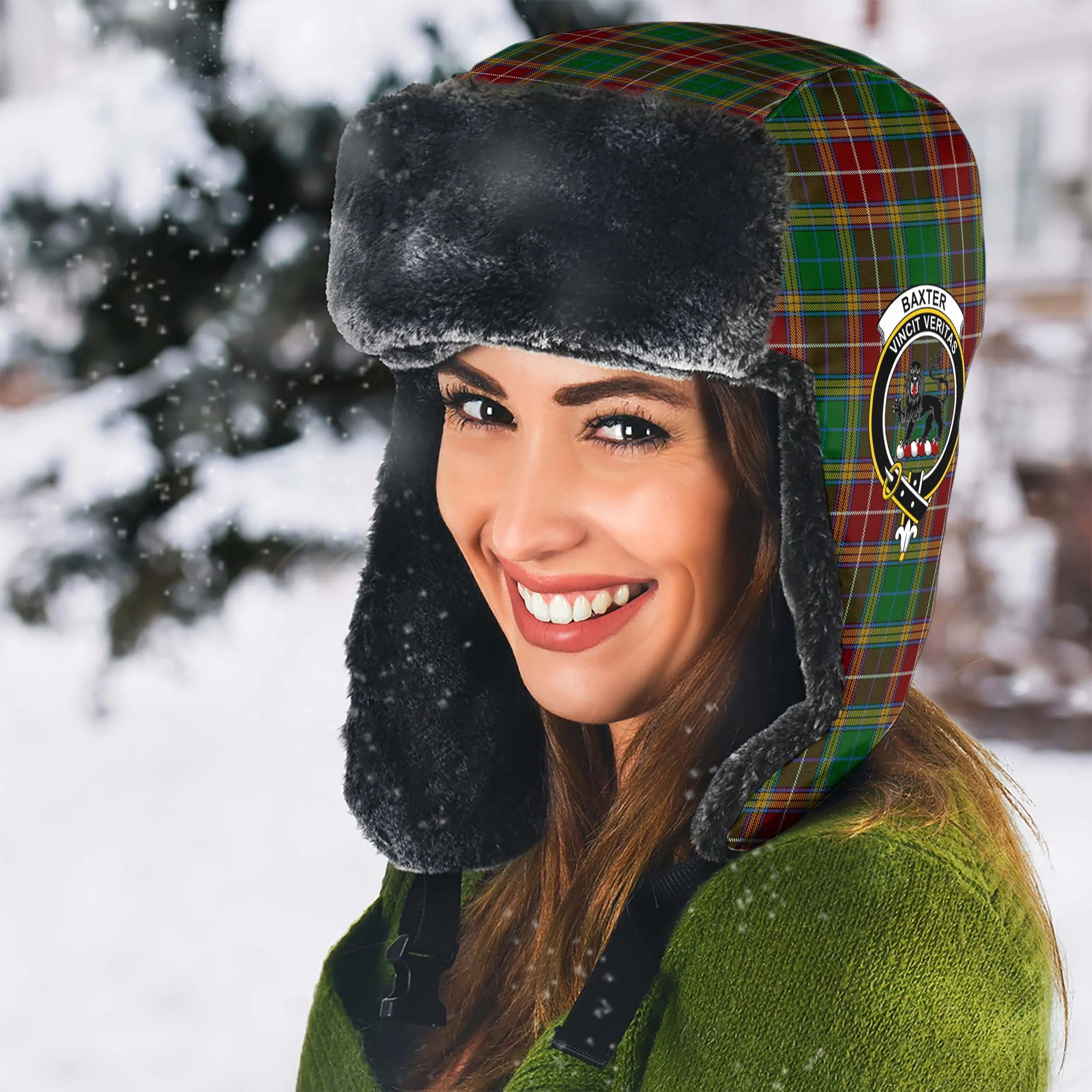 Baxter Tartan Winter Trapper Hat with Family Crest