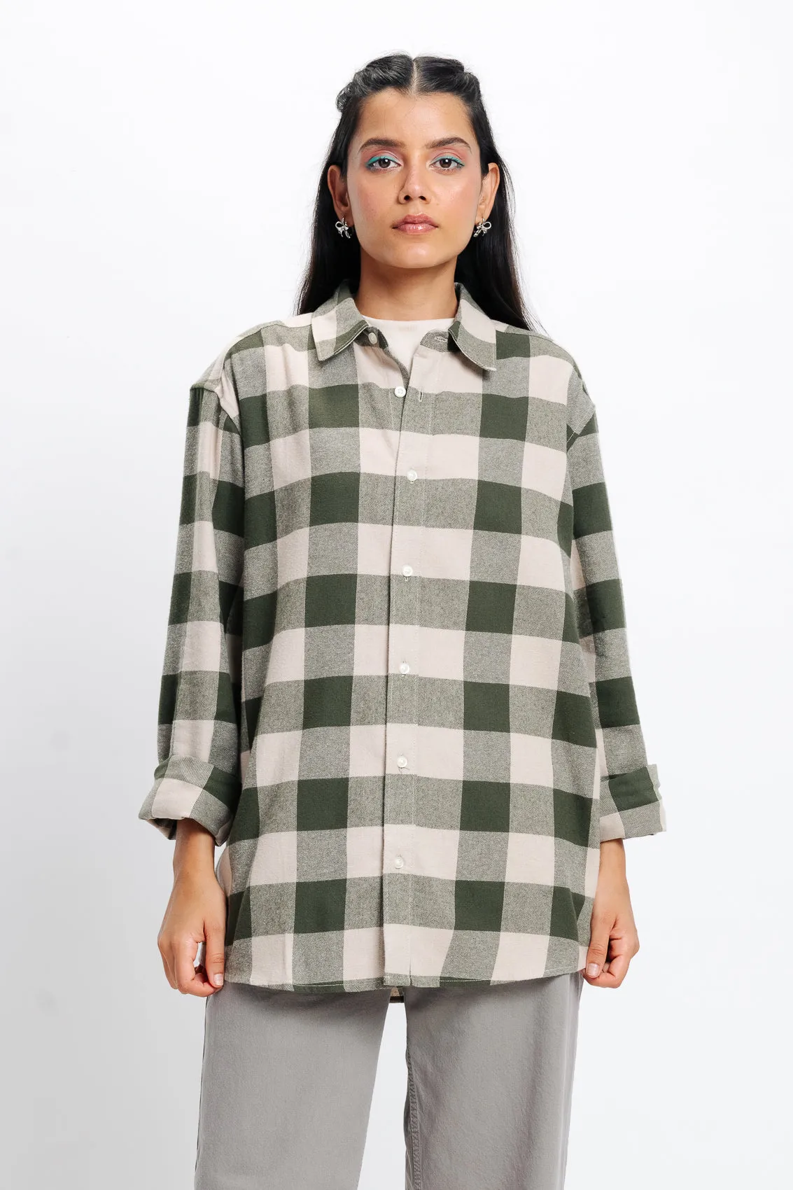 Beige Checkered Collar Viscose Blend Shirt