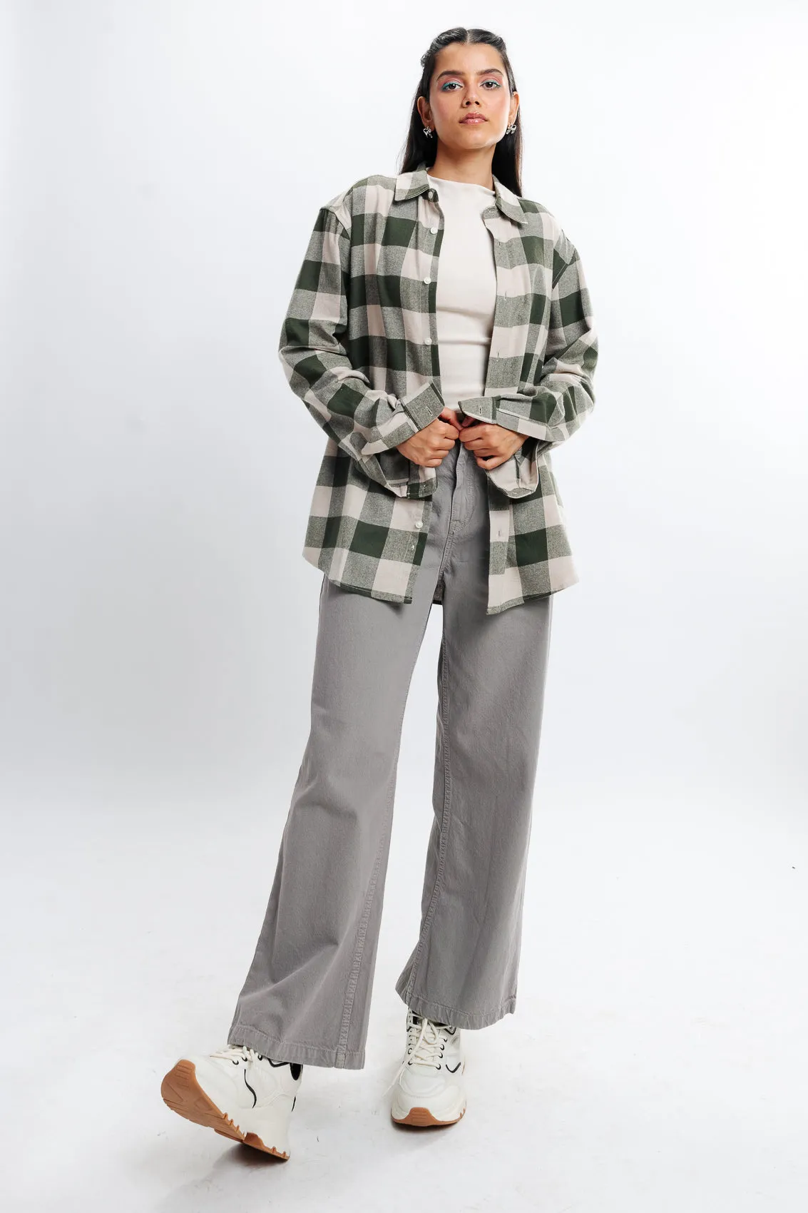 Beige Checkered Collar Viscose Blend Shirt