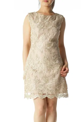 Beige/Gold Lace Flower Embroidery Cocktail Dress