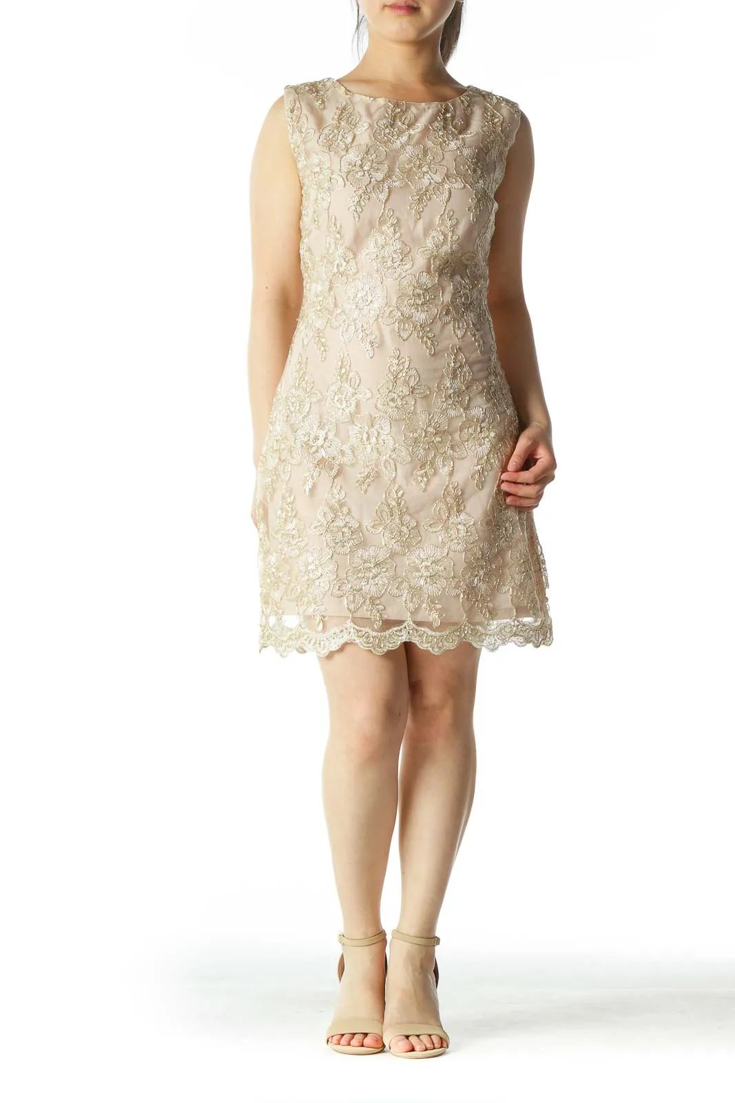 Beige/Gold Lace Flower Embroidery Cocktail Dress