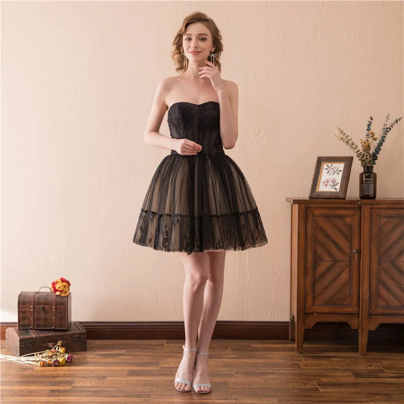 Black and Champagne Tulle Sweetheart Lace Short Party Dress, Tulle Homecoming Dresses