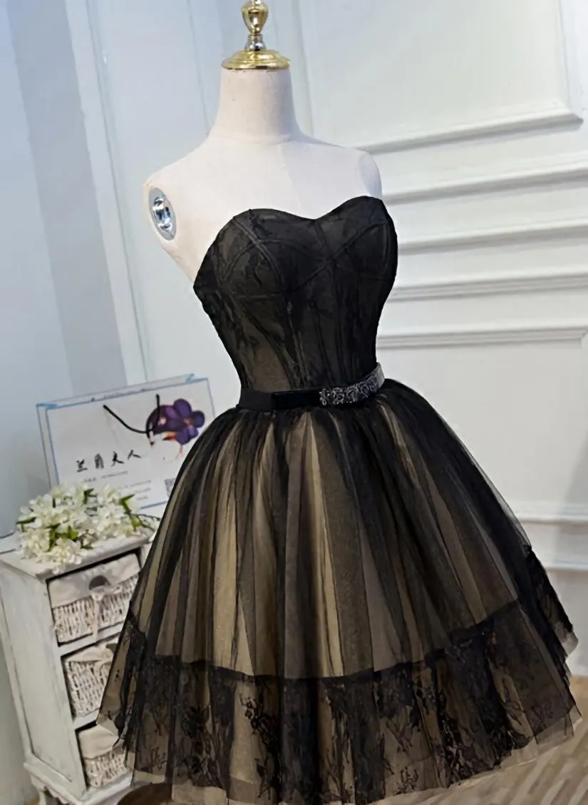 Black and Champagne Tulle Sweetheart Lace Short Party Dress, Tulle Homecoming Dresses